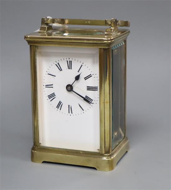 A gilt brass carriage timepiece with white enamelled Roman dial (dial a.f.)